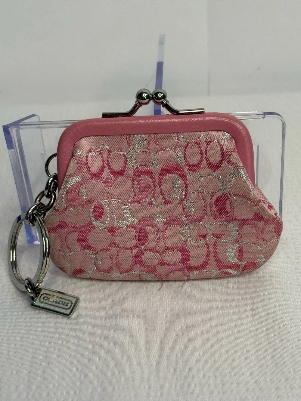 Coach Vintage Optic Pink Signature Kiss-Lock Coin Purse with Key Ring